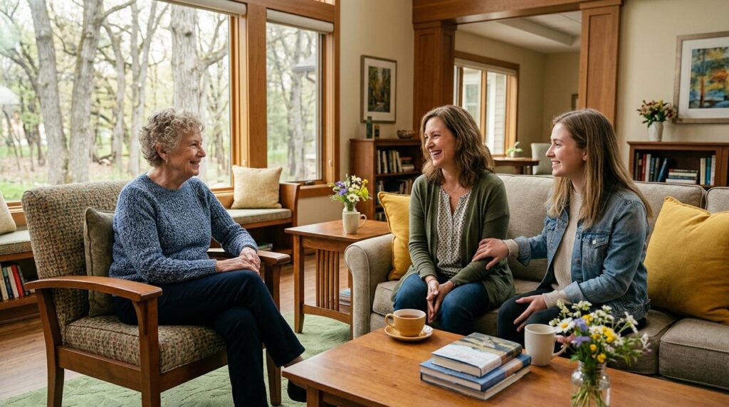 A smiling senior and their family members sit together in a welcoming assisted living community, sharing a calm, connected moment.