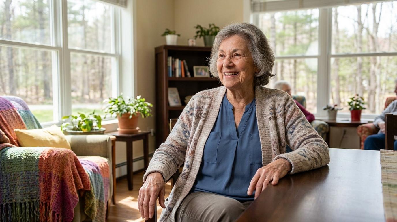 A senior resident at Trails of Orono smiles as they enjoy a moment of peace in a cozy community common room.
