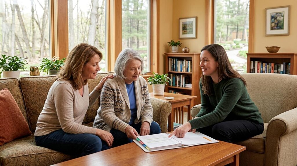 A caregiver reviews a personalized care plan with a senior resident and their family member at the Trails of Orono Assisted Living & Memory Care.