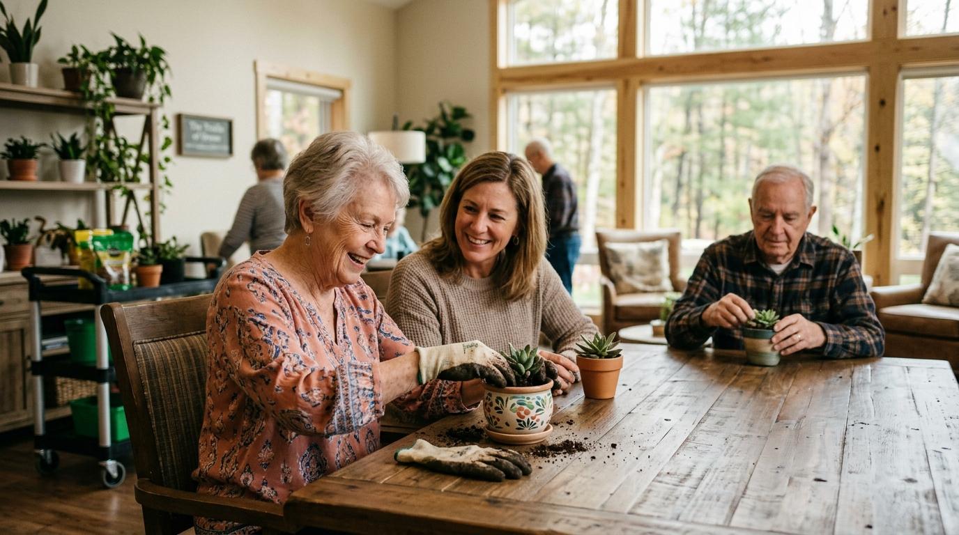Smiling senior residents engage in a gardening activity with a supportive caregiver at the Trails of Orono Assisted Living & Memory Care.