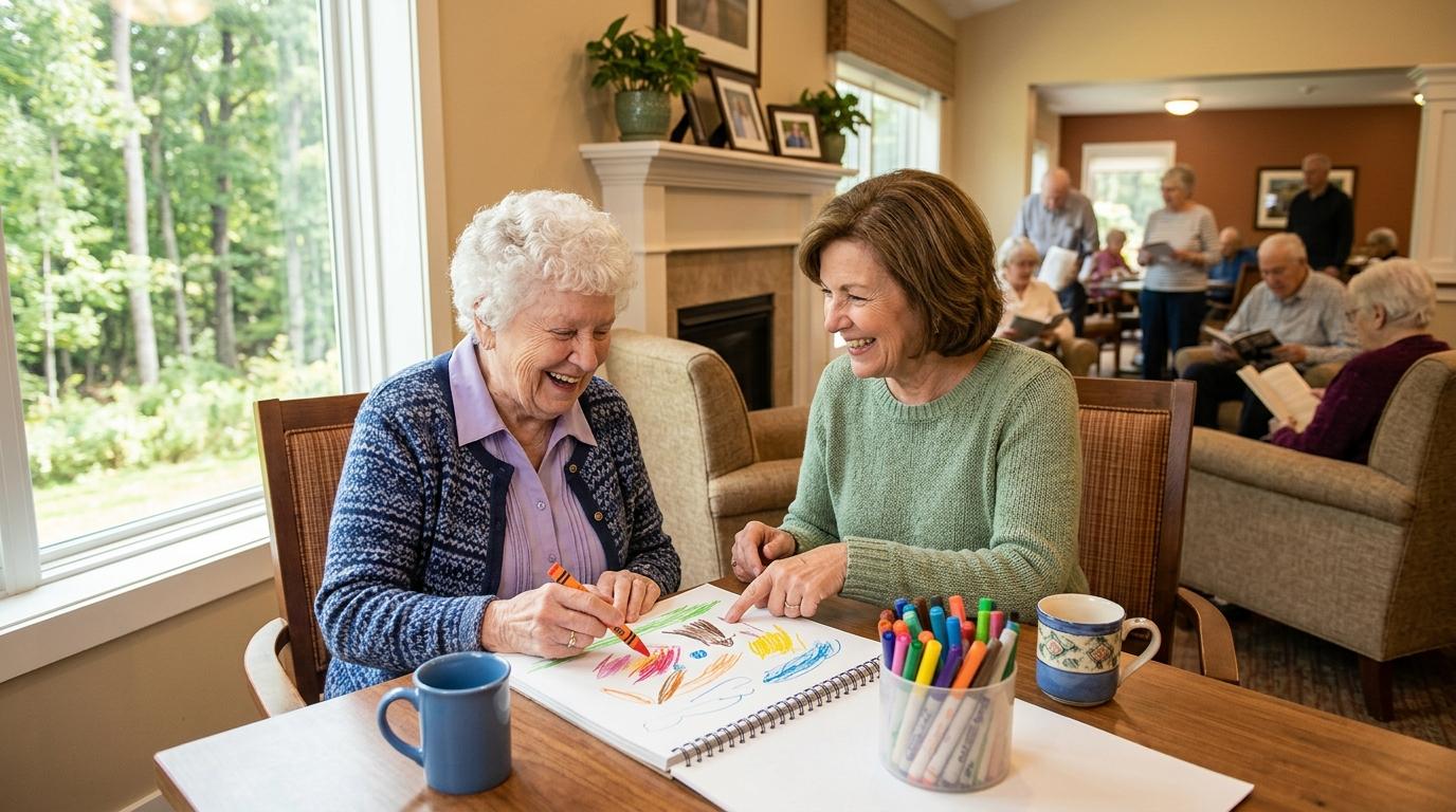 A caring memory care team member supports a smiling senior resident as they enjoy an art activity at The Trails of Orono assisted living community.