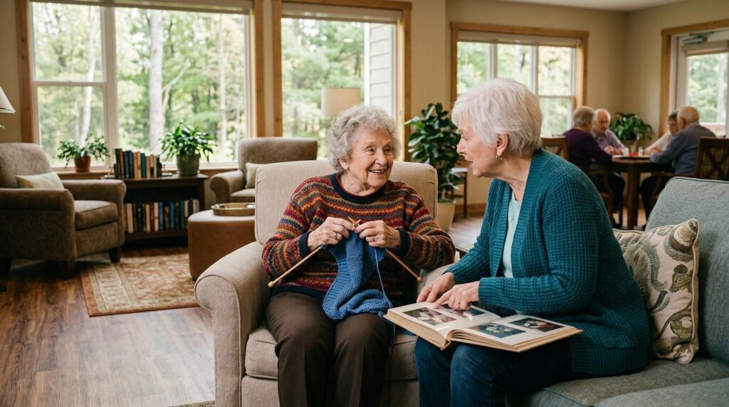 A pair of smiling seniors sits together in a comfortable common area, knitting and reviewing a photo album, at The Trails of Orono assisted living community.