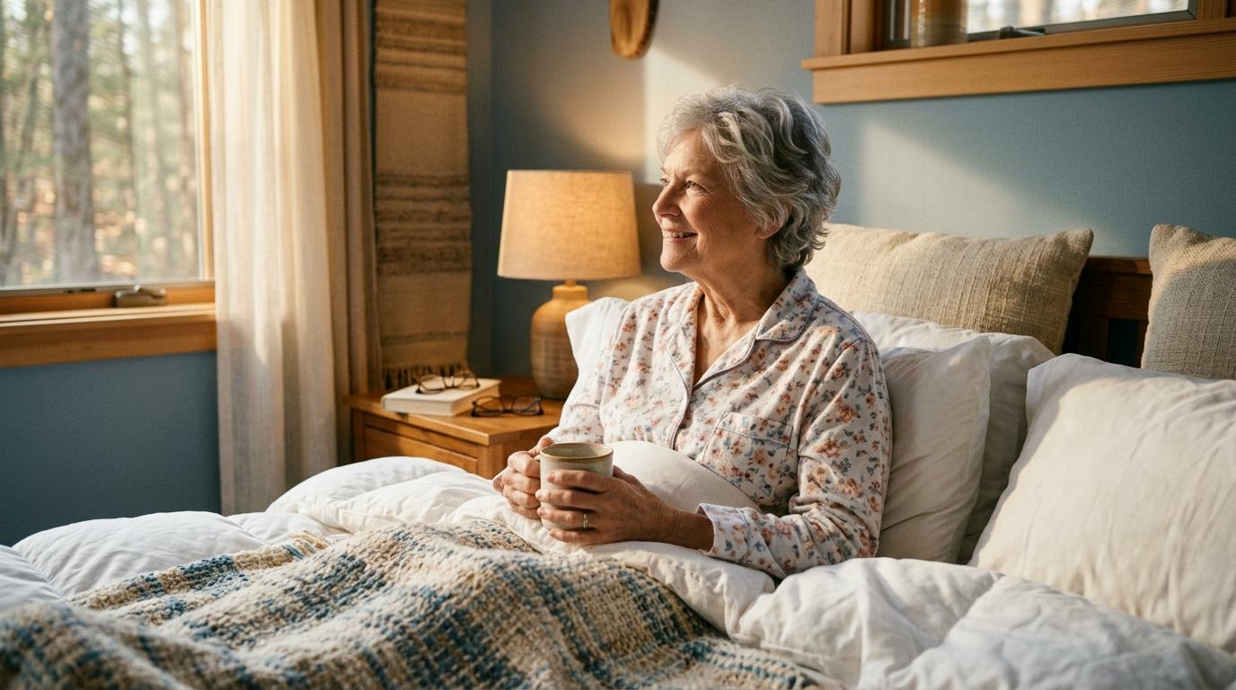 Older adult sleeping peacefully in a cozy bedroom, representing how assisted living supports restful, healthy sleep routines.