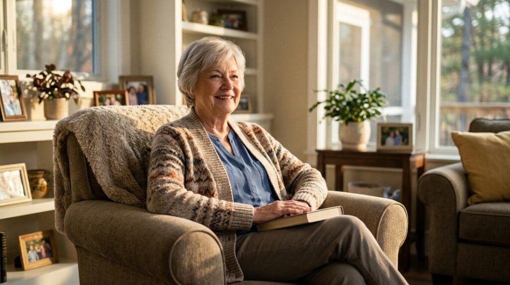Senior resting peacefully in bed at an assisted living community, representing improved sleep quality for aging adults.
