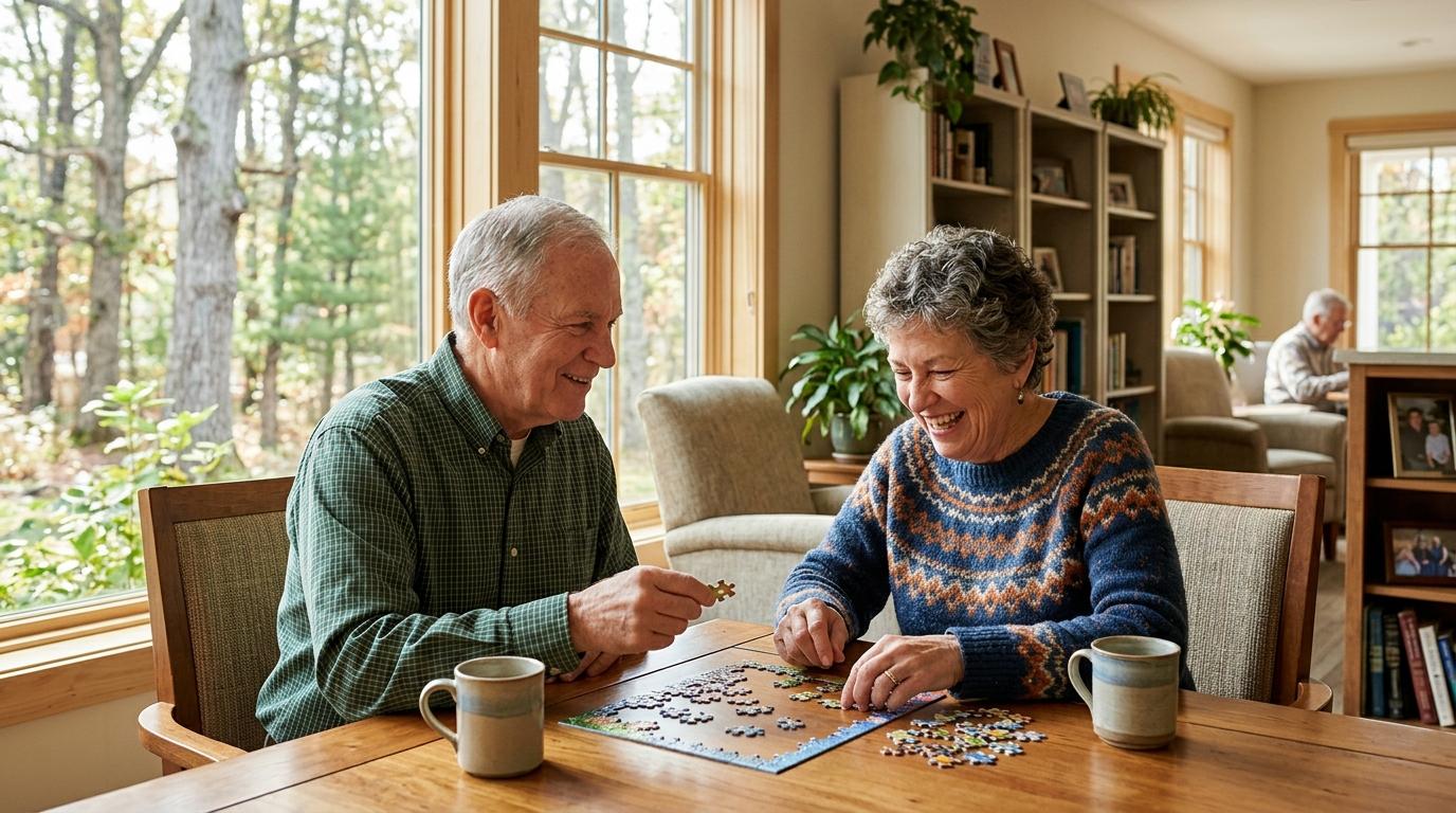 Two older adults smiling while putting together a puzzle at a table in a sunlit room.