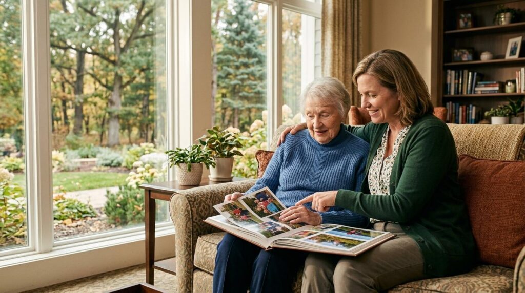 A younger adult and older adult sitting together, looking through a photo album.
